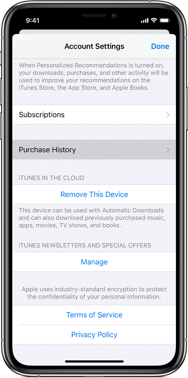 iPhone showing Purchase History on the Account Settings page in the Settings app.
